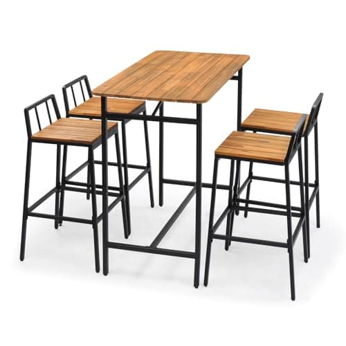 5 Piece Acacia Wood Garden Bar Table and Chair Set,Kitchen Counter Height Dining Tables Set,All-Weather Resistant Patio Bar Table & Stools,with Metal Frame,for Outside Balcony Backyard Porch (Brown)