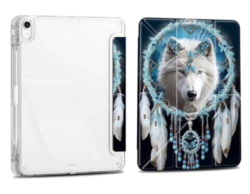 Case for iPad (A16) 11th Gen 11 Inch 2025/iPad 10th Gen 10.9 Inch 2022, Slim Clear Case with Pencil Holder, Multi-Angles Folding Y-Shaped Stand Cover,Wolf Dreamcatcher