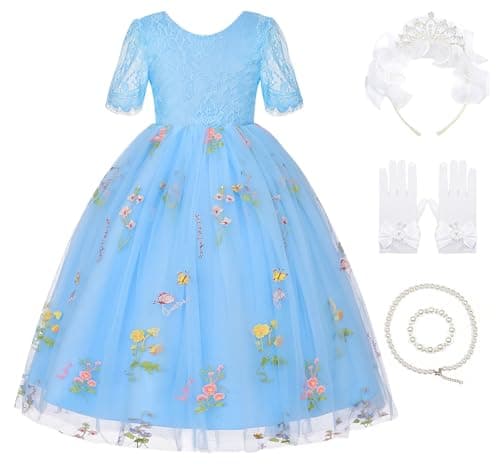 JerrisApparel Flower Girl Formal Lace Dress Sheer V-Back Floral Tulle Skirt Wedding Party Gown (10-11 Years/150cm, Powder Blue)