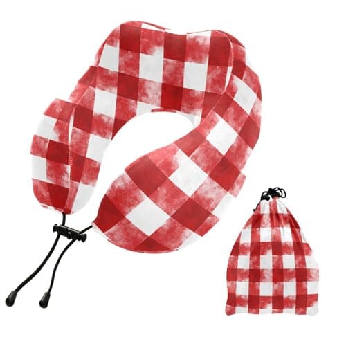 ZOEO Travel Pillow for Neck Head, Red White Plaids Memory Foam Padding Sleeping Airplane Trains Cars Camping Office