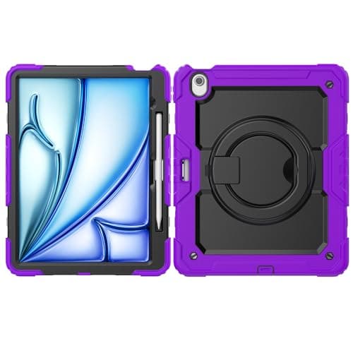 Case Compatible with iPad Air 13 Inch M3 2025/ M2 2024 Model: A3268, A3269,Full Body Protective Rugged Cover with [Pencil Holder+Screen Protector] Rotating Handle Silicone Case(Purple)