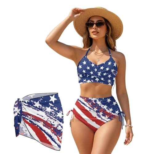 Psaytomey Womens 3 Piece High Waisted Bikini Sets American Flag Stripe Star Wrap V Neck Lace-up Swimsuits Tummy Control Bathing Suits Swimwear with Sheer Sarong Beach Cover Up