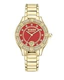 Versus Versace Canton Road Crystal Women's Watch, 36mm IP Yellow Gold Case, Red Enamel Dial, Gold Tone Bracelet, Quartz Movement, Crystal Bezel, 3 ATM Water Resistant