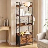 Garvee 5 Tier Tall Bookshelf, Modern Bookcase with Fabric Drawer, Industrial Book Shelves Storage Organizer for Living Room, Bedroom, Home Office, Rustic Brown