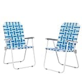 Folding Beach Chair Set of 2, Blue & White Webbing, Steel Frame