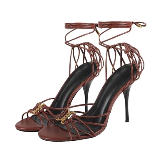Aorikro Women Strappy Lace Up High Heels Sandals Stiletto Heel Open Toe Wrap Around Tie Up Sexy Cute High Heels Party Daily Shoes Brown