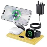 MONASAY 3 in 1 Wireless Charging Station with LCD Screen & 45W Charger | Foldable Magnetic Dock with 25W Fast Charge for iPhone 17/16/15, Apple Watch & AirPods | On/Off Display Button (Yellow)