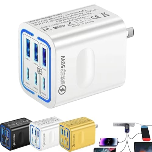 6-Port Fast Charging Station​, Portable Multi Port Charging Station 50w, 6-Port Desk Accessories for Home Office, Campatible with Multiple Devices (White)