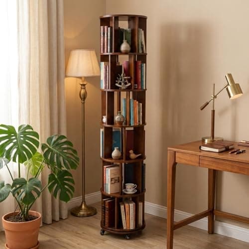 6-Tier Rotating Bookshelf Tower on Wheels, Solid Rubber Wood Spinning, Round Revolving Bookcase with Lockable Casters, 360° Rolling, Book Shelf for Small Spaces, Corner, Home Office & Bedroom – Walnut
