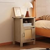 Miereirl Rattan Nightstand Farmhouse Nightstand with Charging Station Storage Cabinet Wooden Side Table for Bedroom Natural