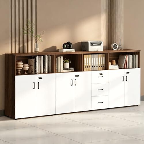 HSHBDDM File Cabinet with Password Lock, Wood Lateral Filing Cabinet for Letter/A4 Files, 3 Drawer with Door, Printer Stand with Open Shelves for Home Office