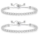 GlamSavvyFZ 2 Pcs Silver Tennis Bracelet Set for Women, Adjustable Silver CZ Rhinestone Bracelets, Marquise Cubic Zirconia Bracelet Stack, Wedding & Prom Jewelry Gift