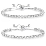 GlamSavvyFZ 2 Pcs Silver Tennis Bracelet Set for Women, Adjustable Silver CZ Rhinestone Bracelets, Marquise Cubic Zirconia Bracelet Stack, Wedding & Prom Jewelry Gift
