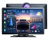 Jerqry Wireless Apple CarPlay & Android Auto Touchscreen, 9" Portable Car Stereo with 4K Dash Cam, 1080P Backup Camera, GPS Voice Control, Bluetooth FM Radio, App Control, 64GB SD Card