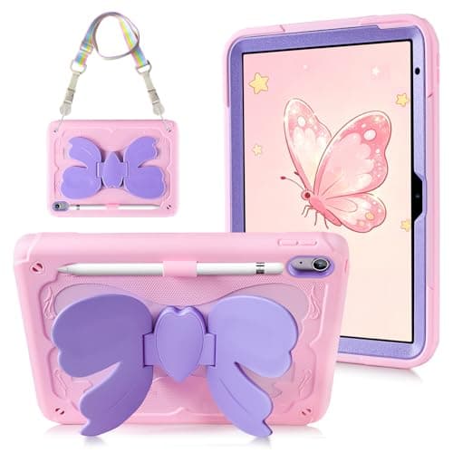 SAMONPOW for iPad (A16) 11th Generation Case 11 Inch 2025 iPad 10th Generation Case 10.9 Inch 2022 for Kids Girls with Bow Stand Shoulder Strap Pencil Holder Rugged Protective Cover for A16 iPad Case