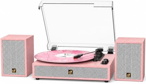TE-2028 Pink Bluetooth Record Player with External Speakers Belt-Drive Turntable for Vinyl Records Dual Stereo Speakers LP Players Support 3 Speed 3 Size, AUX RCA Output, Auto Stop