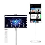 32 Inch Smart Portable TV, FHD Touch Screen Rolling Monitor on Wheels, Android 15 8GB +128GB, Wireless Tablet Display with Camera, 20W Speaker, EDLA-Certified 38,400 mAh Battery Voice Airmouse Remote