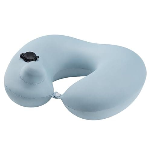 Inflatable Travel Neck Pillow for Airplane Flight, Press to Inflate U Shaped Pillow with Built-in Pump, Cooling Breathable Fabric, Portable Compact Foldable Neck Support for Car Train Office