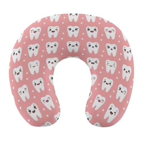 JZDACH Cute Travel Neck Pillow Cute Dental Teeth Pink Memory Foam U Shaped Cushion, Washable Cover for Boys Girls Airplane Car School Nap