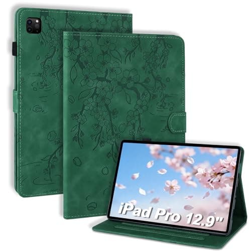 LSPCASA Case for iPad Air 13 Inch M3 2025/M2 2024/iPad Pro 12.9 Inch 2022/2021/2020/2018 (6/5/4/3 Gen) Folio Flip PU Leather Protective Case with Stand Pen Holder Tablet Plum Blossom Green