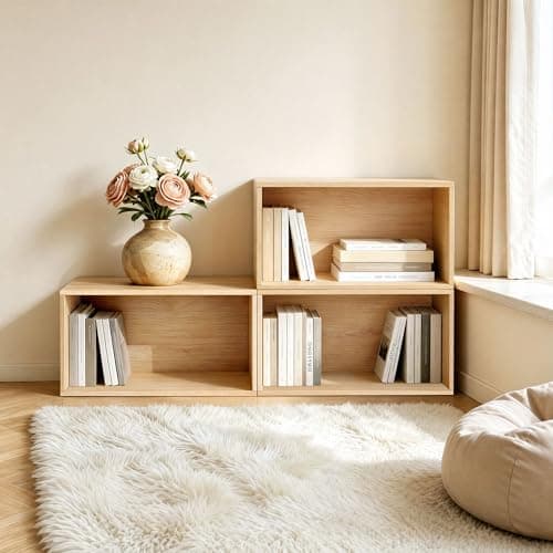WHOOSPEREH 3 Cube Organizer Bookcase, Expandable Storage Shelves, Wooden Open Shelving Unit Book Shelf for Living Room, Office, Bedroom, Mid-Century Style Wood Furniture, Natural Oak Color (1 Set)