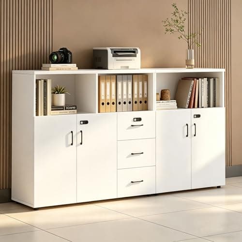 HSHBDDM File Cabinet with Password Lock, Wood Lateral Filing Cabinet for Letter/A4 Files, 3 Drawer with Door, Printer Stand with Open Shelves for Home Office