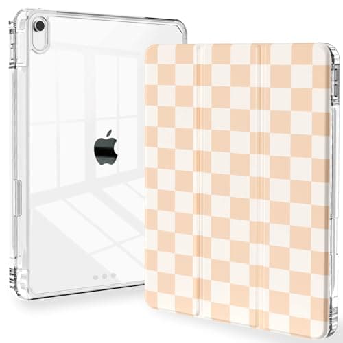 Feams Case for iPad (A16) 11th Generation 11 Inch 2025, iPad 10th Generation 10.9 Inch 2022, Slim Tri-Fold Stand Clear Back Cover with Pencil Holder & Auto Sleep, Beige Checkered