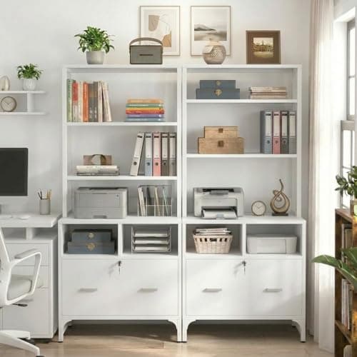 Homieasy File Cabinet with Charging Station, Vertical Filing Cabinet with Lock & Large Drawer, Printer Stand with Storage Shelves, Office Storage Cabinet, White, 2 Pack