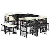 WRJENFSC 9-Piece Outdoor Garden Dining Set, 8-Person Woven Poly Rattan Patio Furniture with Rectangular Table and Chairs, Space-Saving Seating for Backyard and Terrace, Black