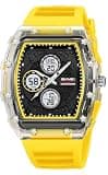 Gosasa Men’s Digital Sport Watch Tonneau Barrel Shaped Analog Digital Wrist Watch with Countdown Timer Stopwatch Alarm LED Light Date Week Display 12/24H 50M Water Resistant Silicone Strap (Yellow)