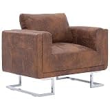 Faux Suede Leather Cube Armchair with Back Cushion, Brown Chrome Feet Accent Chair for Living Room, Sturdy Wooden Frame and Ergonomic Design