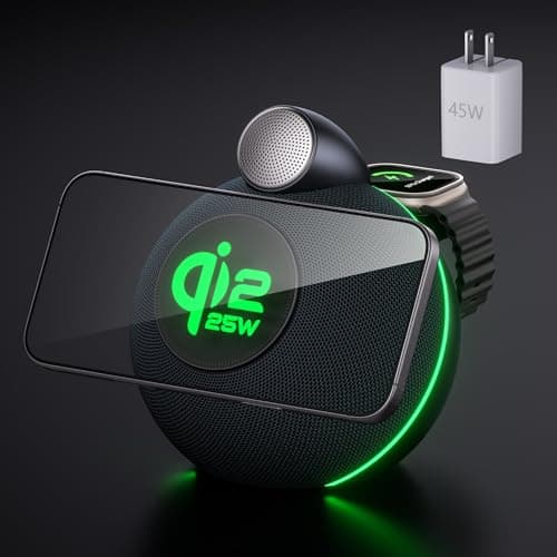 Kcuskl Magnetic Wireless Charging Station with Speaker,Qi2.2 Certified 25W Fast Charging,Durable &Portable with Clear Sound,True Wireless Stereo Ideal Electronic Gifts,45W Adapter Included,Cosmic Gray