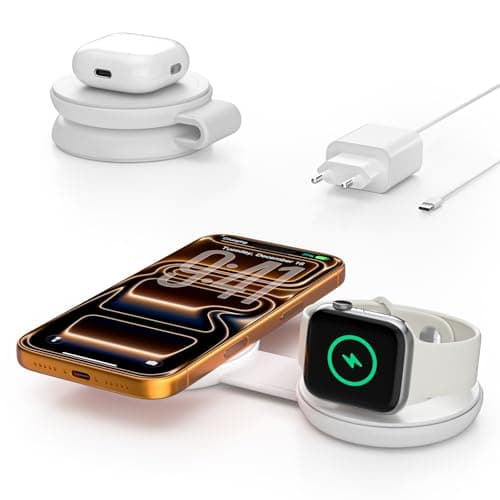 2 in 1 Magnetic Wireless Charger, Qi2 25W Fast Charging Travel Station Pad Compatible with MagSafe for iPhone Air/17/16/15/14/13/12, 5W for Apple Watch, AirPods 4/3/2/Pro with 30W Adapter (Milk)