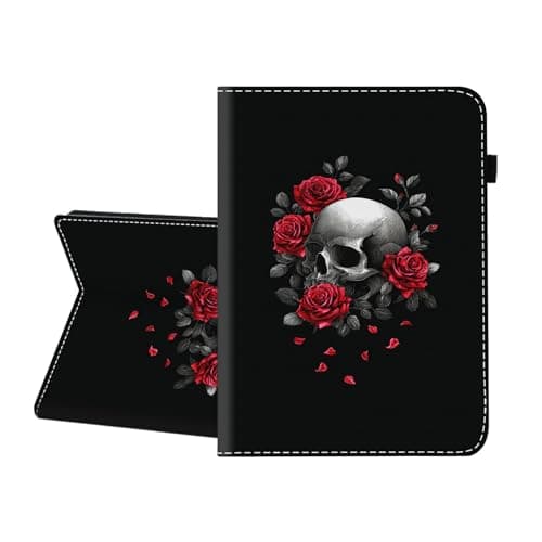 CICPLKSE Case for Samsung Galaxy Tab A 8.0 2019 SM-T290/ T295/ T297,Premium PU Leather Cover with Auto Sleep Wake,Skull with Red Roses
