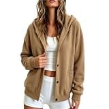 Hoodie for Women Hooded Sweatshirt Button Jackets with Pockets Khaki