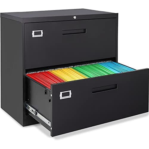 Yoluckea Lateral File Cabinet 2 Drawer - Office Lateral File Cabinets with Lock, Black Filing Cabinet for Home Office, Steel Large File Cabinet for Hanging File Folders Letter Legal A4 Size