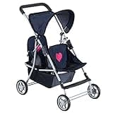 The New York Doll Collection First Twin Stroller - Cutest Heart Design Baby Strollers Great Toy Gift for Toddlers and Girls (Denim) Blue,pink