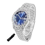 richhut Luxury Diamond Watch for Kids Teen - Iced Out Bling Platinum Plated - 42mm Round Blue Dial Strap 8" - Adjuster Tool Included