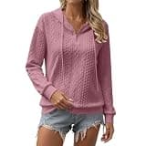 Women Cable Knit Half Zip Hooded Top Long Sleeve Drawstring Loose Fit Comfy Hoodies Casual Sweatshirt Fall Winter Pink