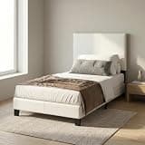 Mikkagu Twin Size Bedframe with Upholstered Headboard, Wooden Slat Support, PU Leather Upholstery Bed with Legs, Easy Assembly Bed Frame, for Dorm, Bedroom, White