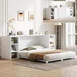 Queen Murphy Bed with Storage, Murphy Bed with Wooden Foldable Platform, 6 Open Cubby Storage Shelve, Saving Space Wall Bed for Guest Room, Home Office & Apartment, White