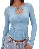 Purple Pocket Long Sleeve Keyhole Tops for Women Tie-Neck Cut Out Shirts