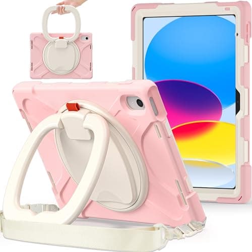 Case for for iPad 10th Generation Case 10.9 Inch 2022, Shockproof Sturdy Cover 360 Rotating Kickstand,Hand/Shoulder Strap Tablet Heavy Duty Case for iPad 10th Gen 2022 Released(Pink)