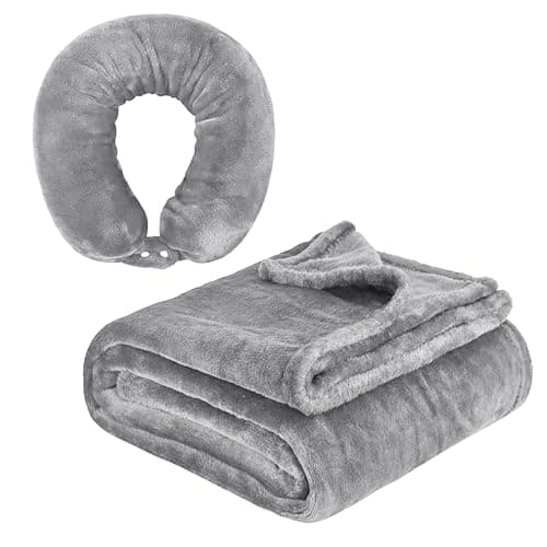 Beisto 2 in 1 Neck Pillow with Blanket, Soft Flannel Multi-Functional Travel Combo, Portable Warm Neck Pillow Set for Airplane, Car and Camping Travel,Grey