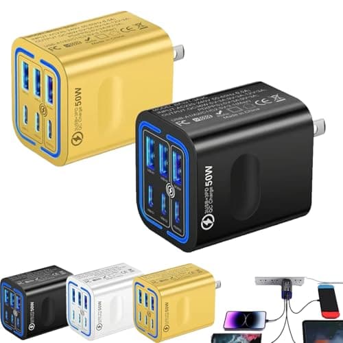 6-Port Fast Charging Station​, Portable Multi Port Charging Station 50w, 6-Port Desk Accessories for Home Office, Campatible with Multiple Devices (Black+Yellow)