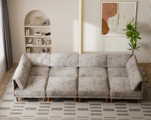 Kalafini Modular Sectional Cloud Couch, Oversized Large Modern Comfy Chenille Sofa, 8 Seater V Shaped Couch, Cozy Extra Deep Seat Couches for Living Room, Apartment, Grey