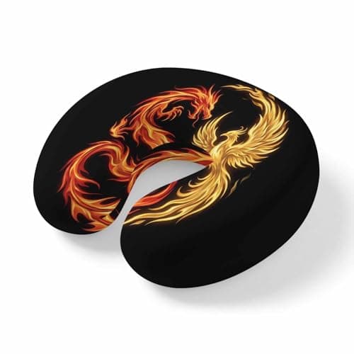 Dragon Phoenix Travel Pillow Memory Foam U Shaped Neck Pillow, Modern Mythical Mysterious Gold Red Symbolic Black Lightweight Portable Soft Headrest for Airplane Car Office Home, 11.4"x11.4"x3.9"