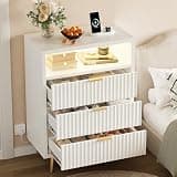 3 Drawers Dresser for Bedroom, 28" W Wooden Dresser with LED Lights and Charging Station, Fluted Wood TV Stand with Gold Handle, Modern Chest of Dressers for Closet, Living Room, Hallway, White