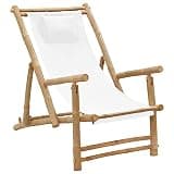 NKOPPFG Height-Adjustable Bamboo Deck Chair with Armrests, Foldable Canvas Garden Chair for Patio, 3-Position Reclining Backrest, Cream White