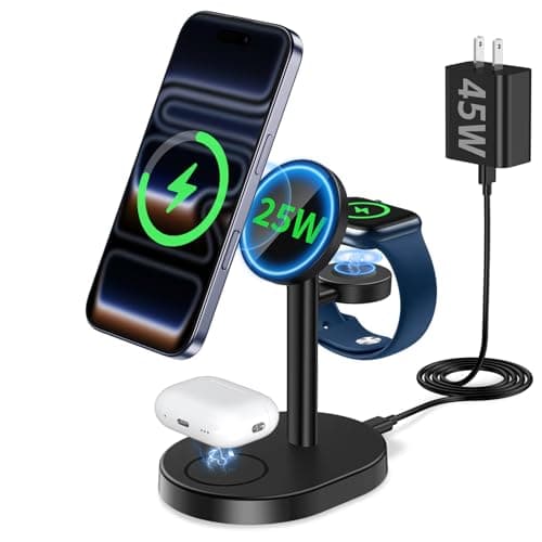 Hevanto 25W 3 in 1 Super Fast Charging Station for Apple MagSafe Charger, Wireless Magnetic Mag-Safe Charger Stand for iPhone 17 16 15 14 13 12 Apple Watch AirPods Series, 45W Adapter Included